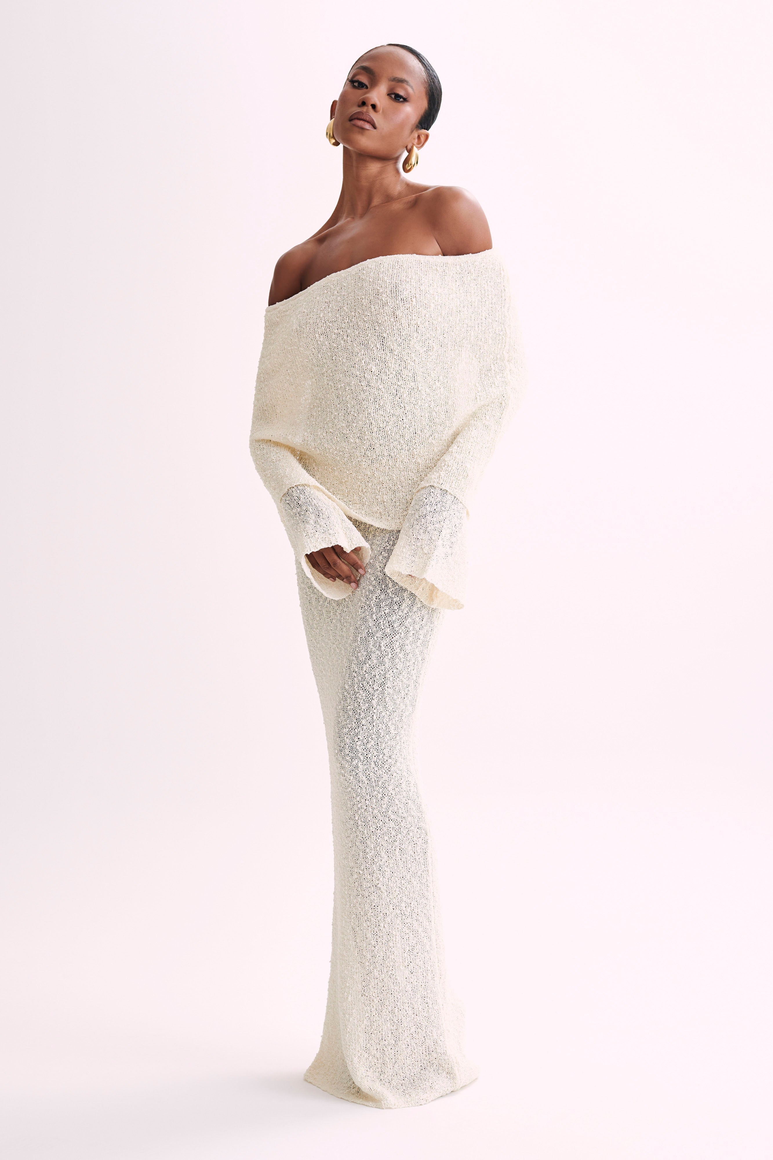 Marissa Off Shoulder Boucle Maxi Dress - Ivory