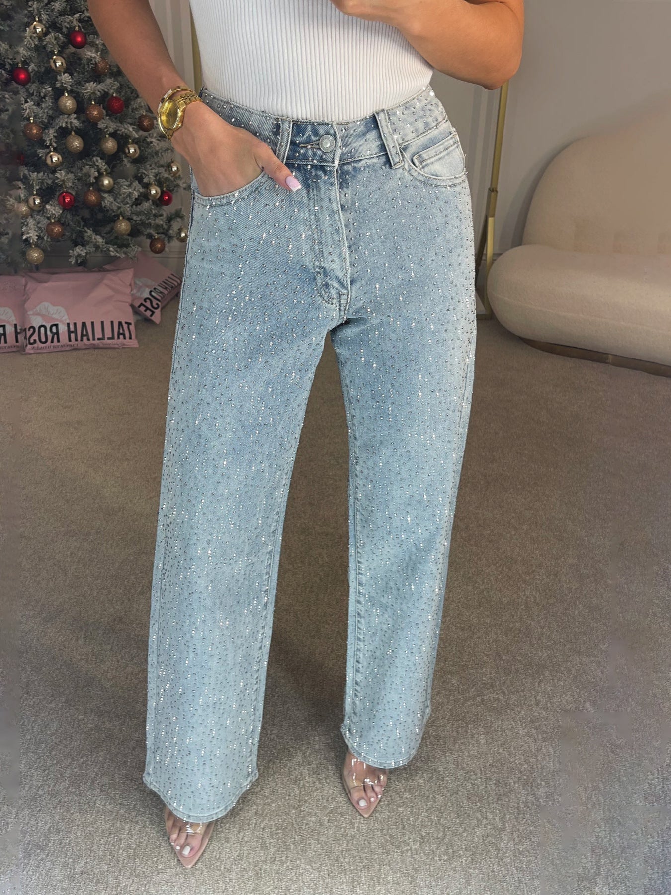BROOKLYN rekbare jeans met glans
