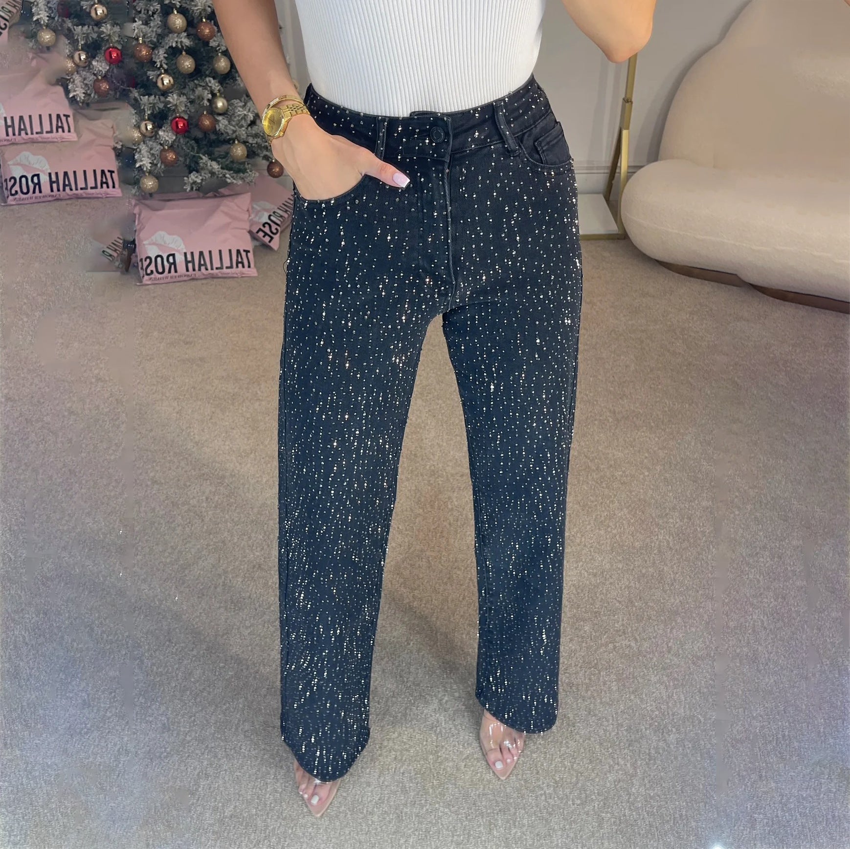 BROOKLYN rekbare jeans met glans
